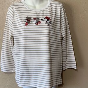 Carolyn Taylor size L Cream White Striped Long-Sleeve Tee Dog Embroidery NWT